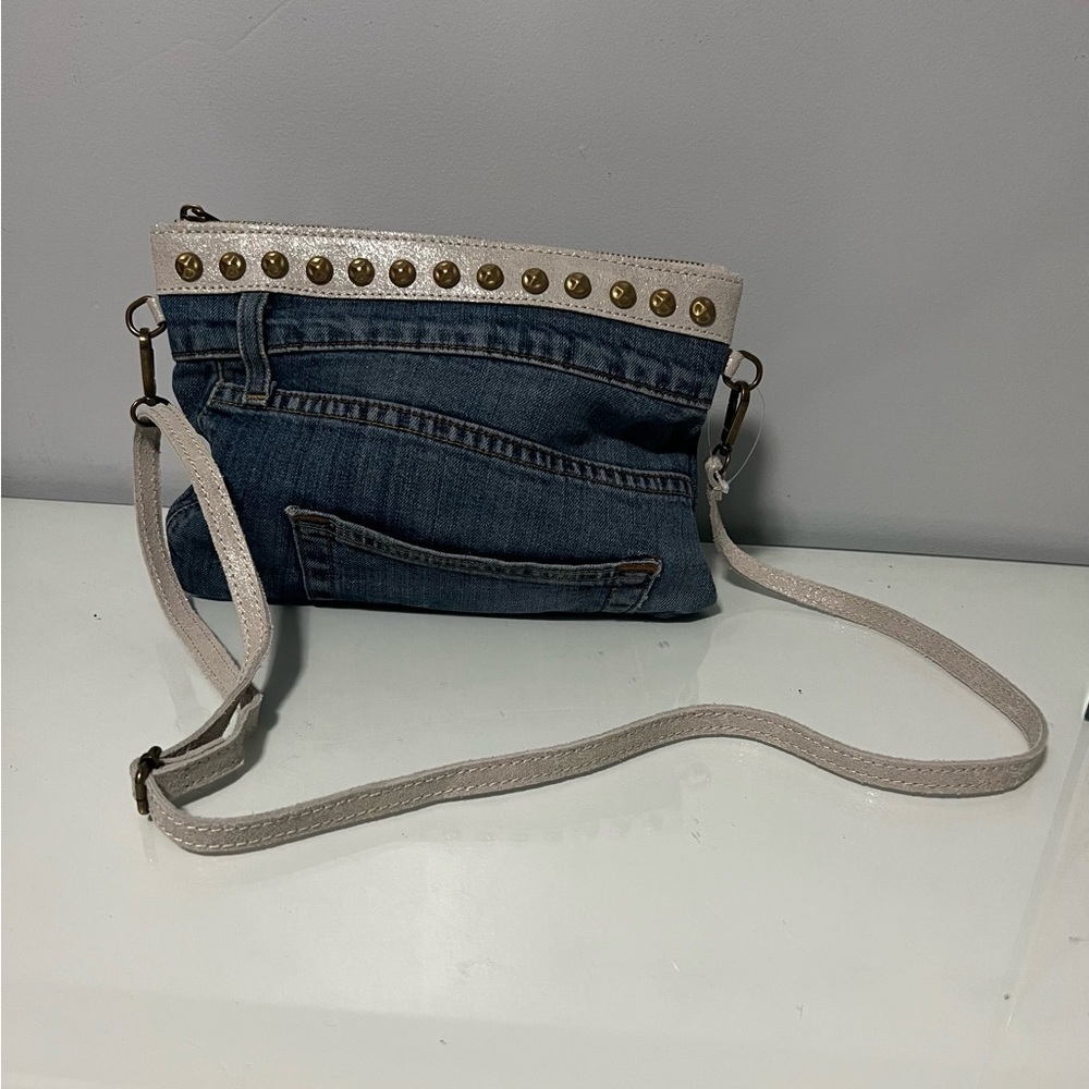 Denim and White Studded Crossbody Bag